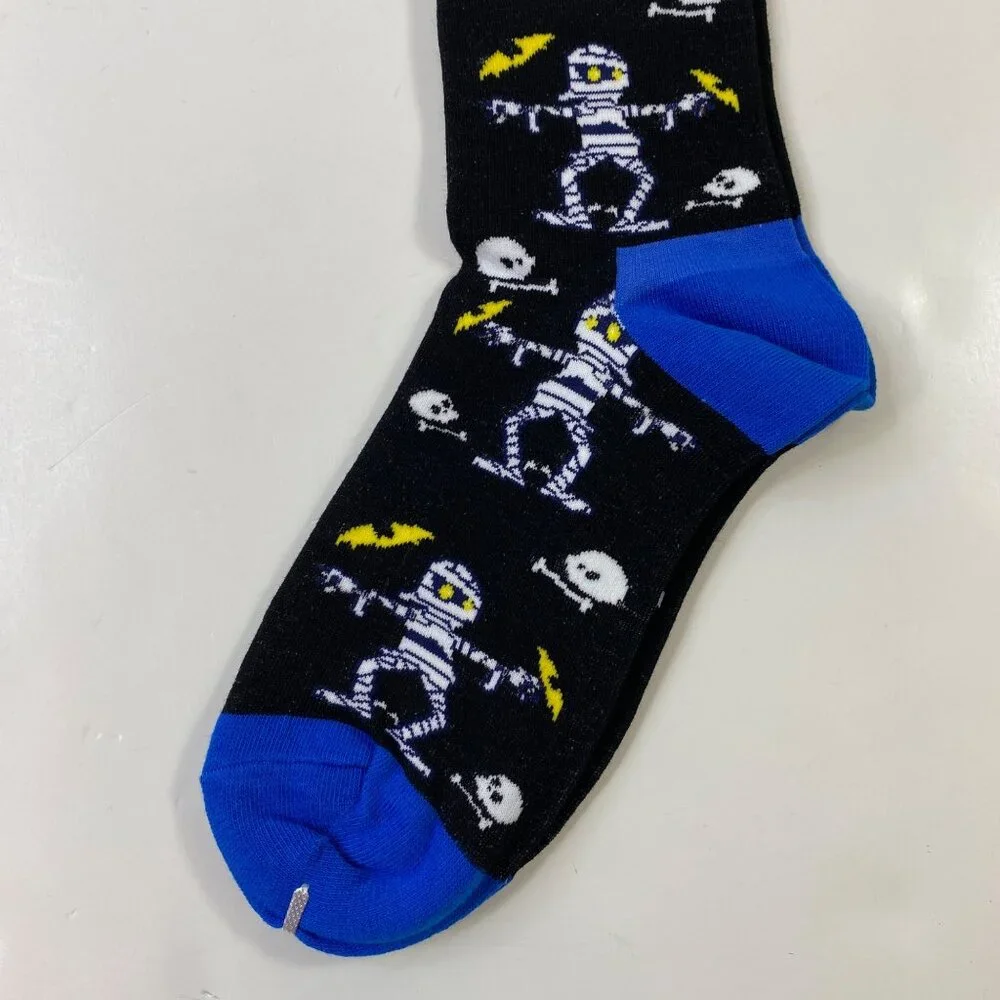 Womens Halloween Crew Socks 2-Pack Skulls Spider Webs Mummies Black Orange Blue